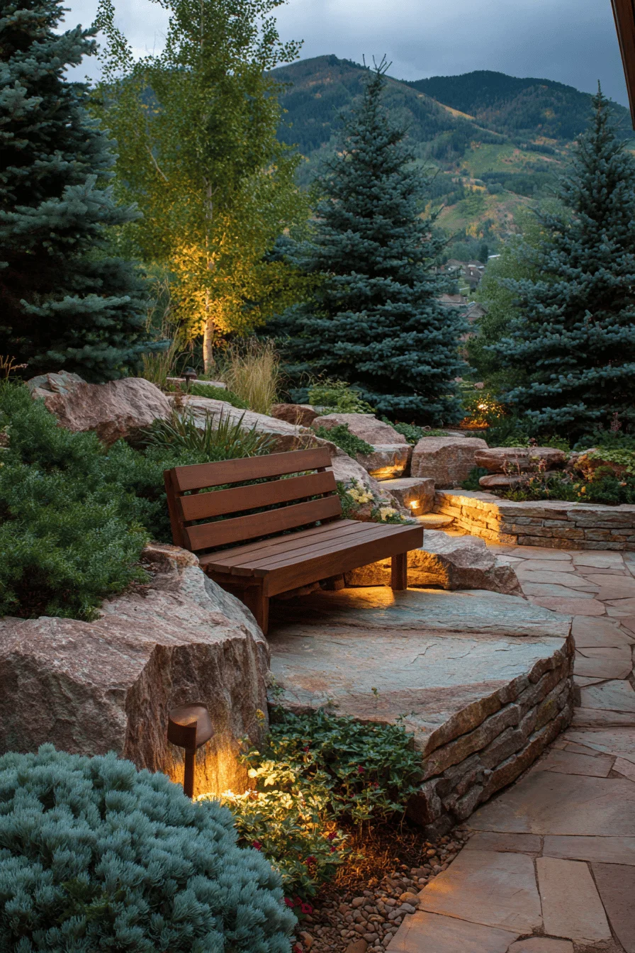 garden party alpine haven with mountain garden elements and comfortable cedar seating in lighted garden setting