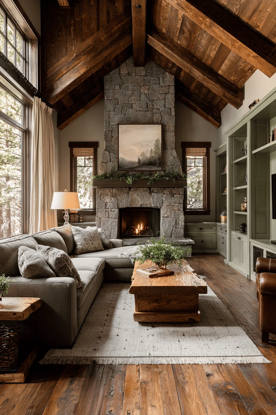 green living room with sage green builtin cabinetry showcasing home design and ranch style living room styling