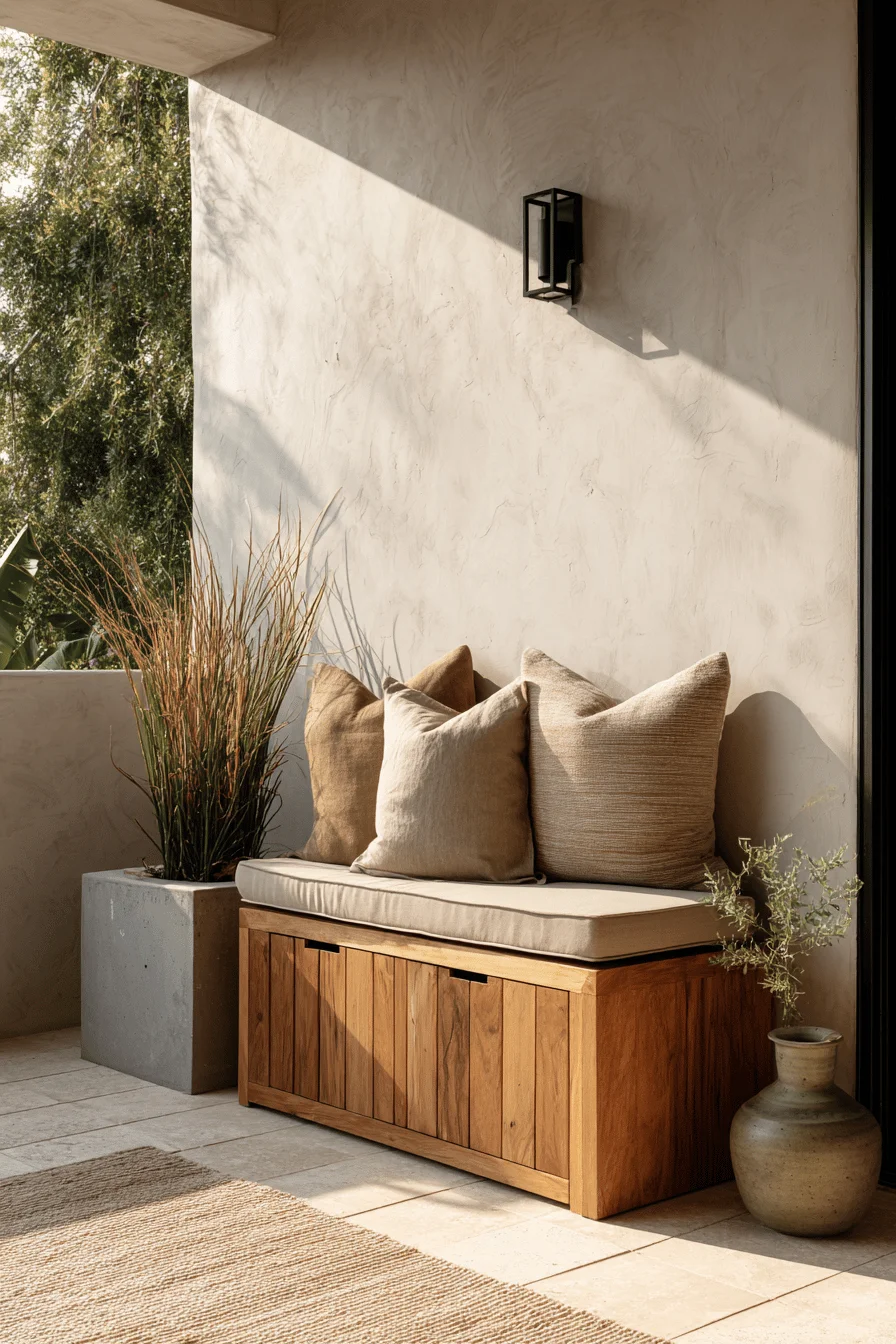 home decor japandi balcony featuring balcony decor ideas with teak storage bench and bamboo privacy screen