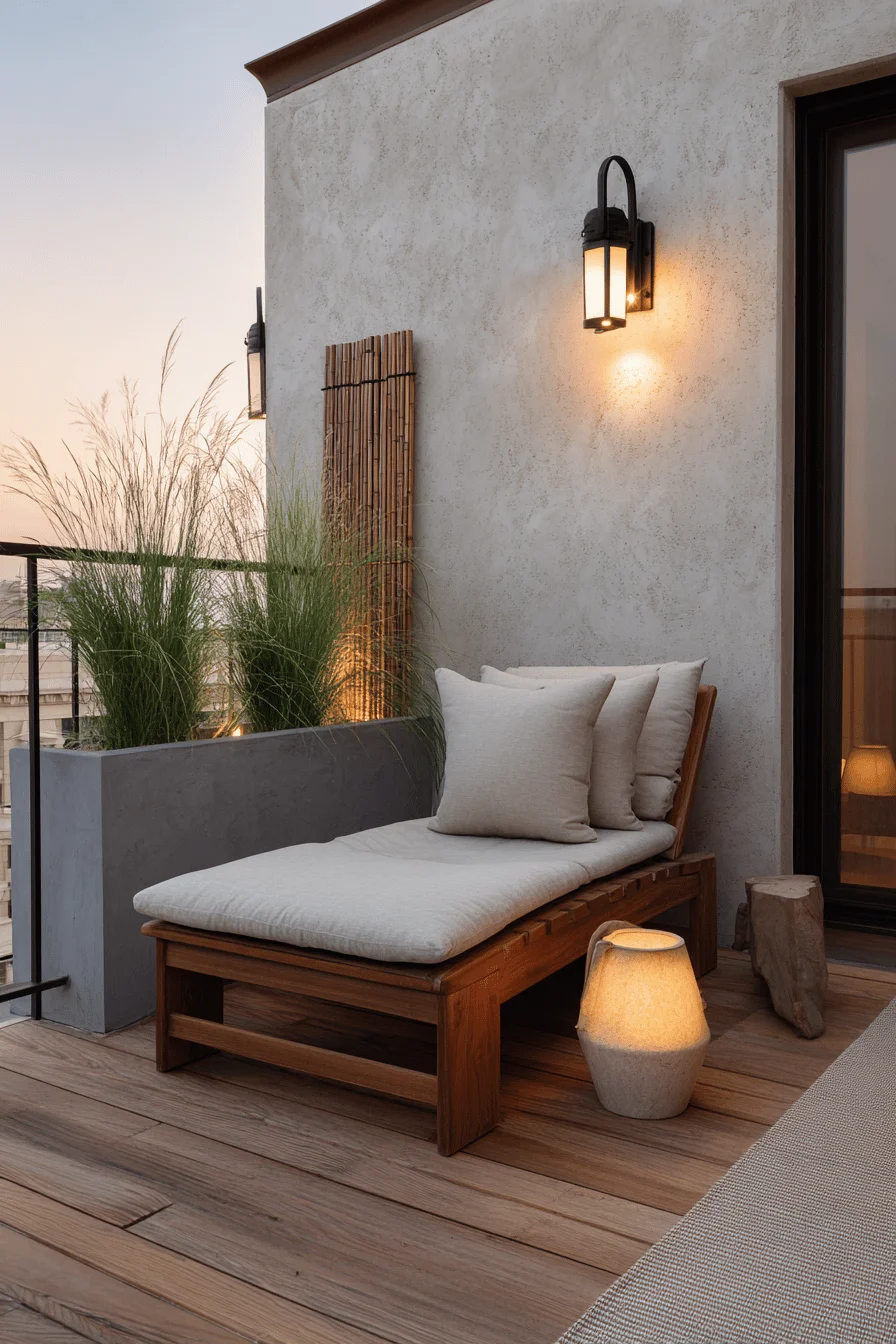 home decor japandi balcony featuring outdoor balcony ideas with teak decking and bamboo privacy screen
