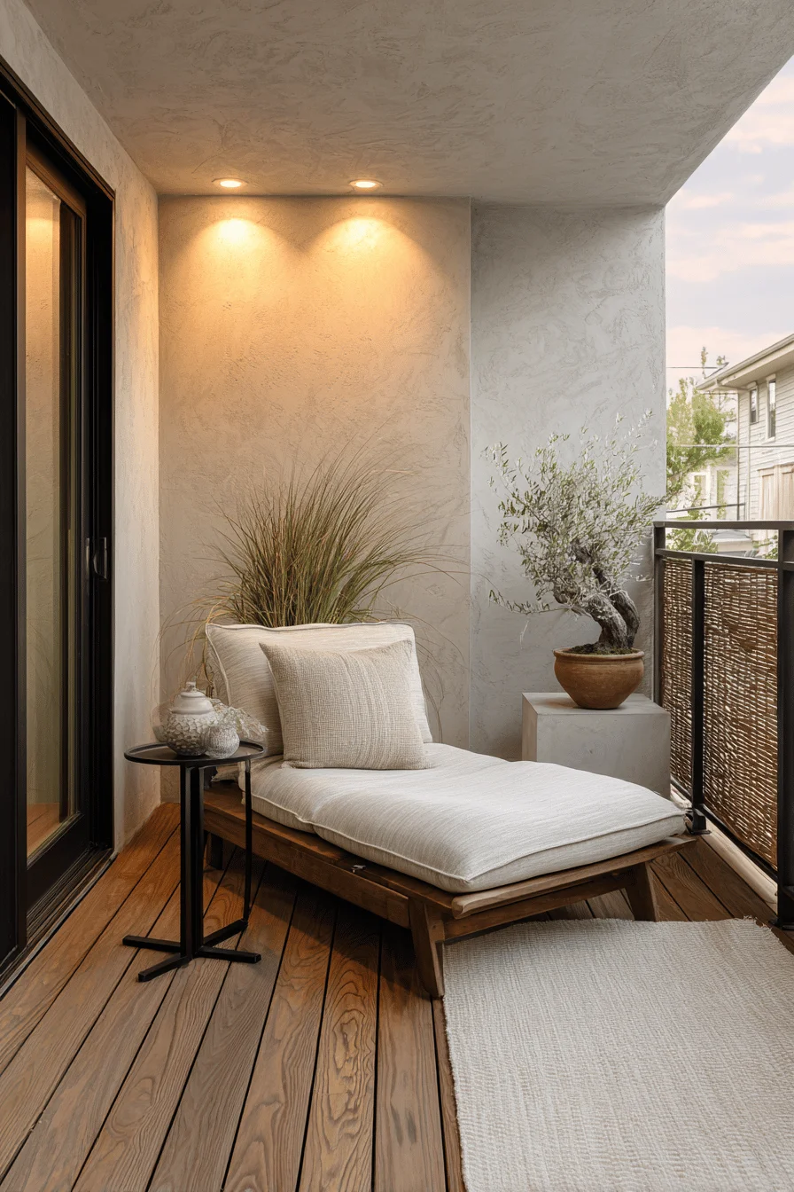 home exterior japandi balcony showcasing balcony design ideas with balcony decor featuring teak decking and plants