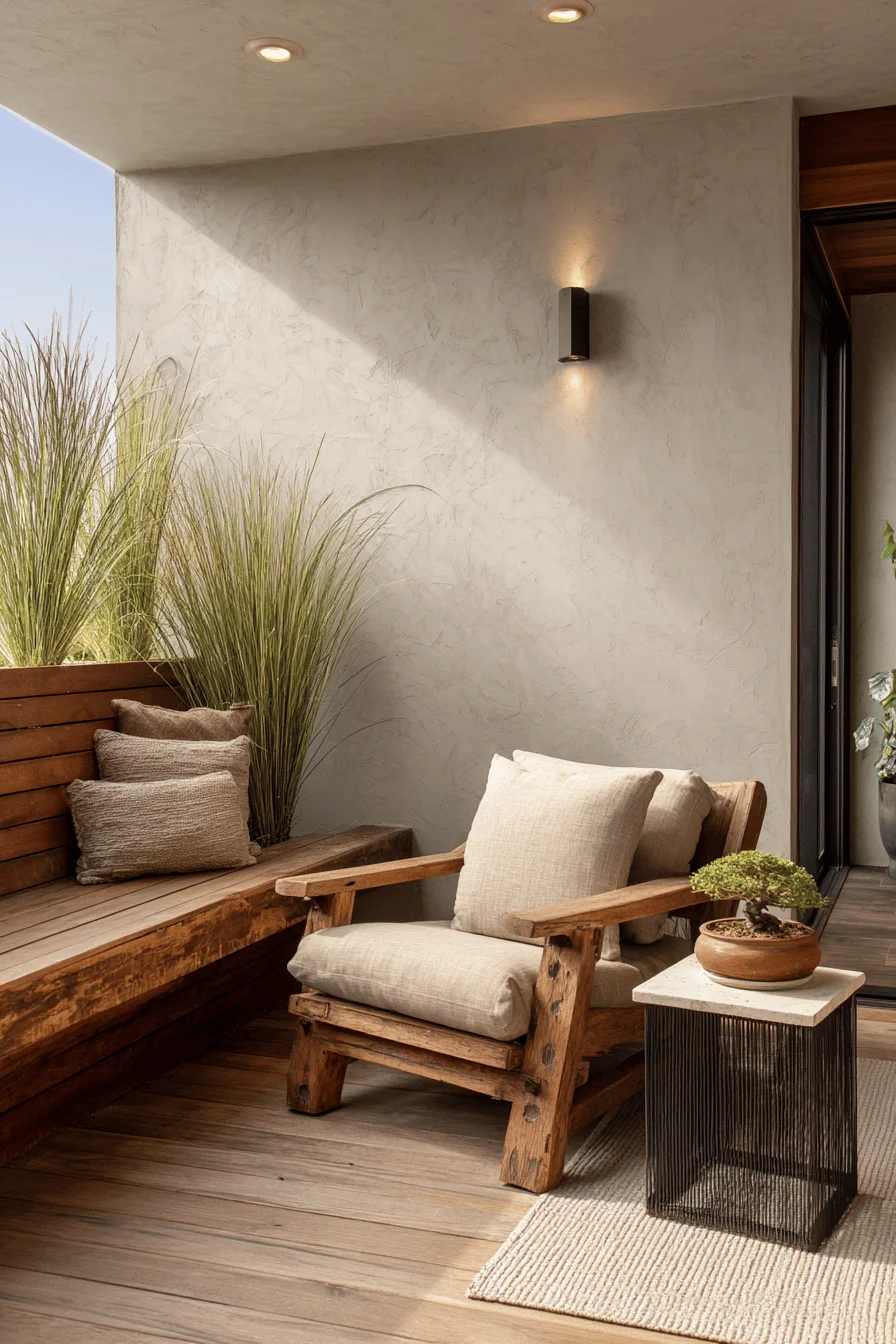 home exterior japandi balcony showcasing small balcony ideas apartment with apartment balcony featuring teak decking and plants
