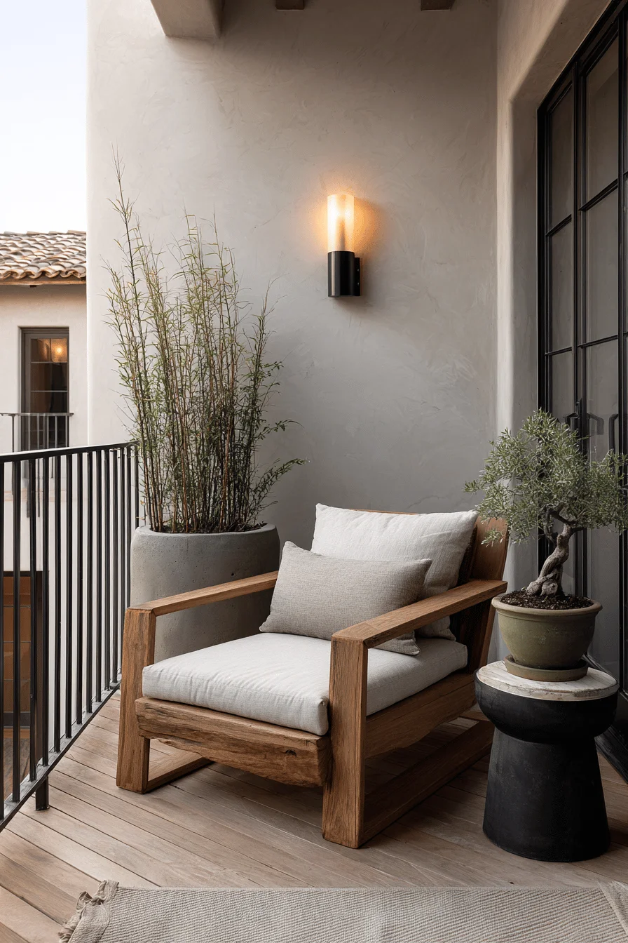 house design japandi balcony showcasing big balcony ideas with large balcony featuring weathered teak and plants