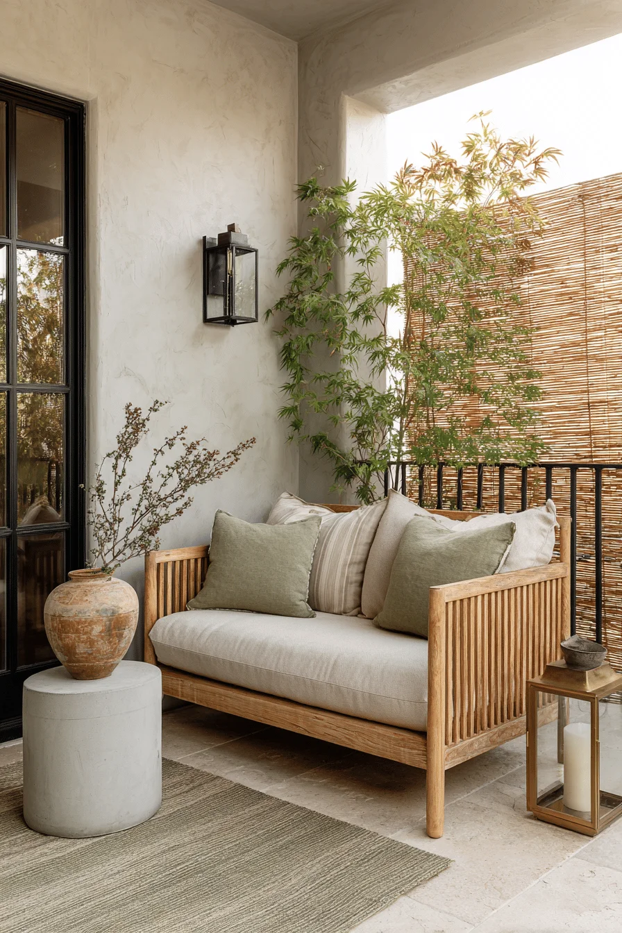 house exterior japandi balcony design showcasing balcony ideas with small balcony design and natural materials