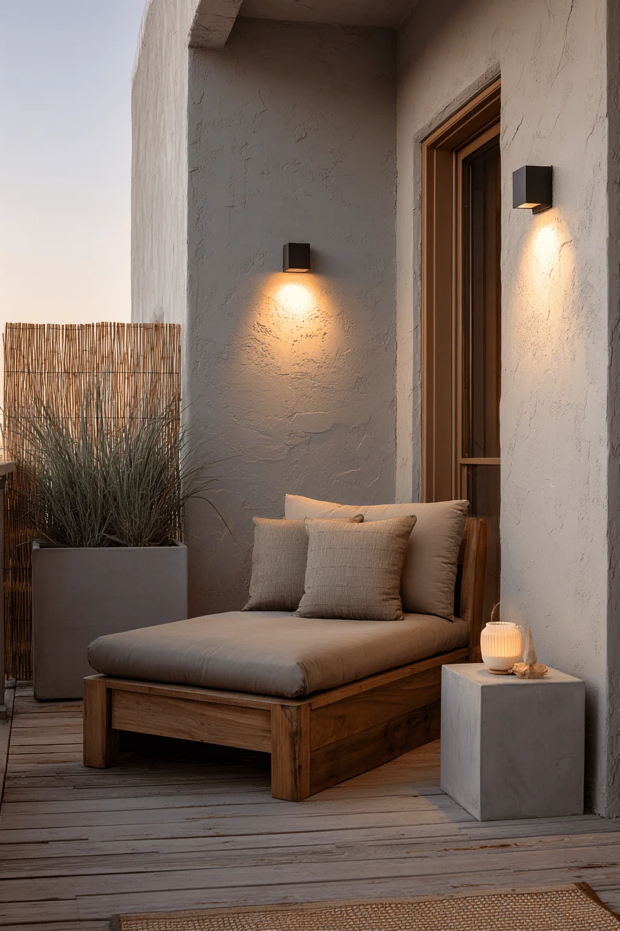interior design japandi balcony featuring outdoor balcony ideas with small balcony and foldable furniture