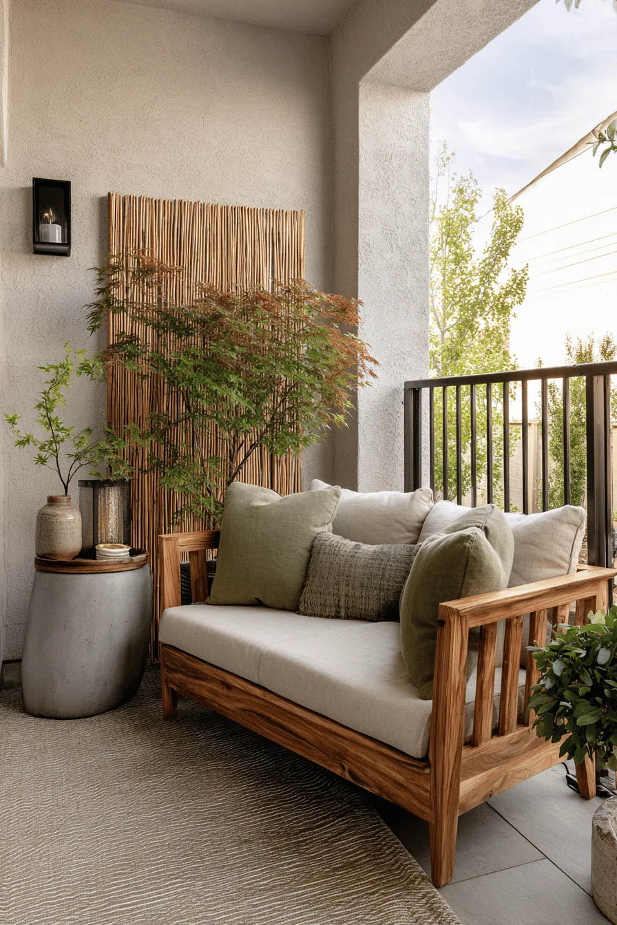 japandi balcony with elegant exterior house colors featuring balcony ideas with minimalist decor and natural elements