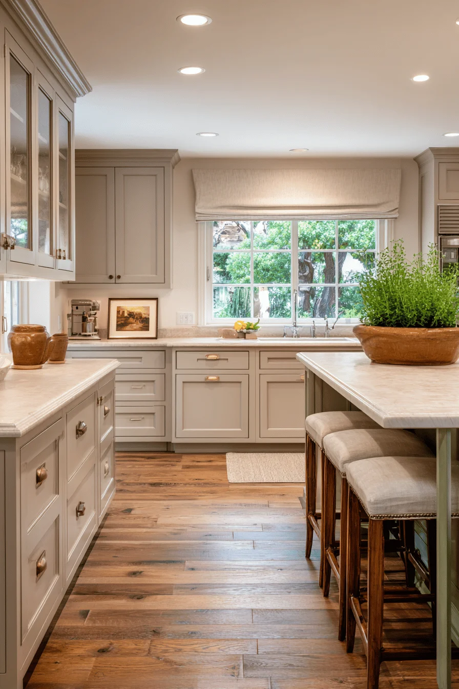 kitchen cabinets with room decor styling featuring taupe painted cabinetry and limestone countertops