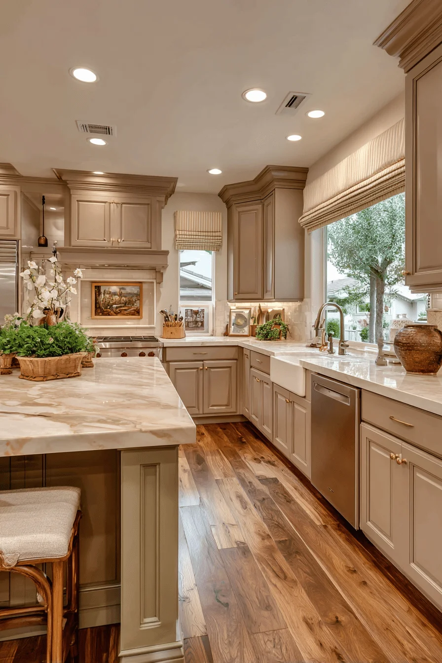 kitchen shelves with home design styling featuring ranch kitchen ideas and warm taupe cabinets