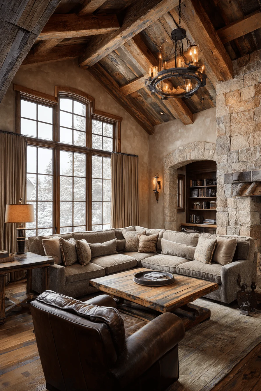 luxury living room with house design featuring cozy mountain living room warm taupe stone walls rich brown hardwood floors