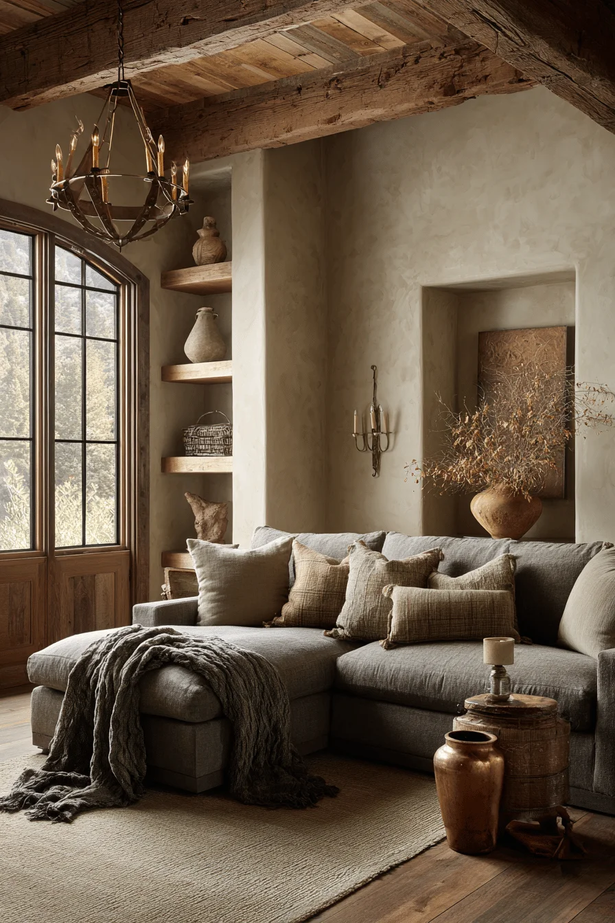 luxury living room with house design featuring mountain cabin living room warm taupe stone walls rich brown hardwood floors
