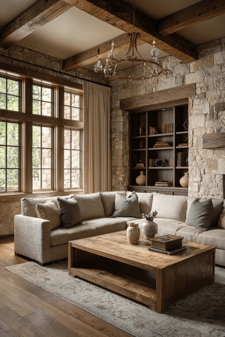 luxury living room with house design featuring mountain decor living room warm taupe stone walls rich brown hardwood floors