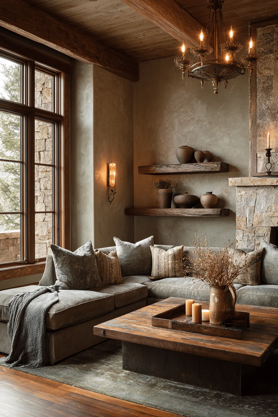 luxury living room with house design featuring mountain house living room warm taupe stone walls rich brown hardwood floors