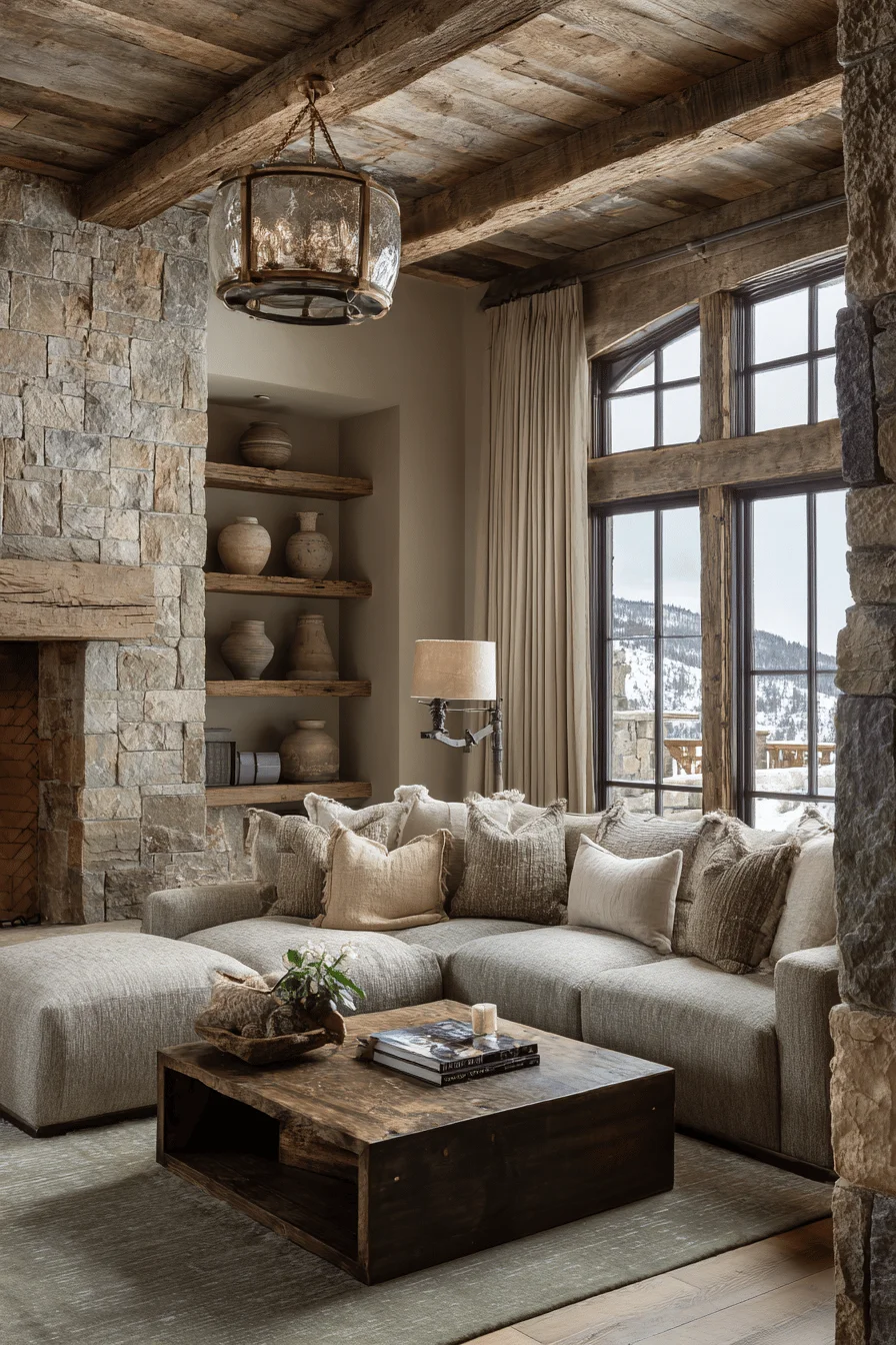 luxury living room with house design featuring mountain living room decor warm taupe stone walls rich brown hardwood floors