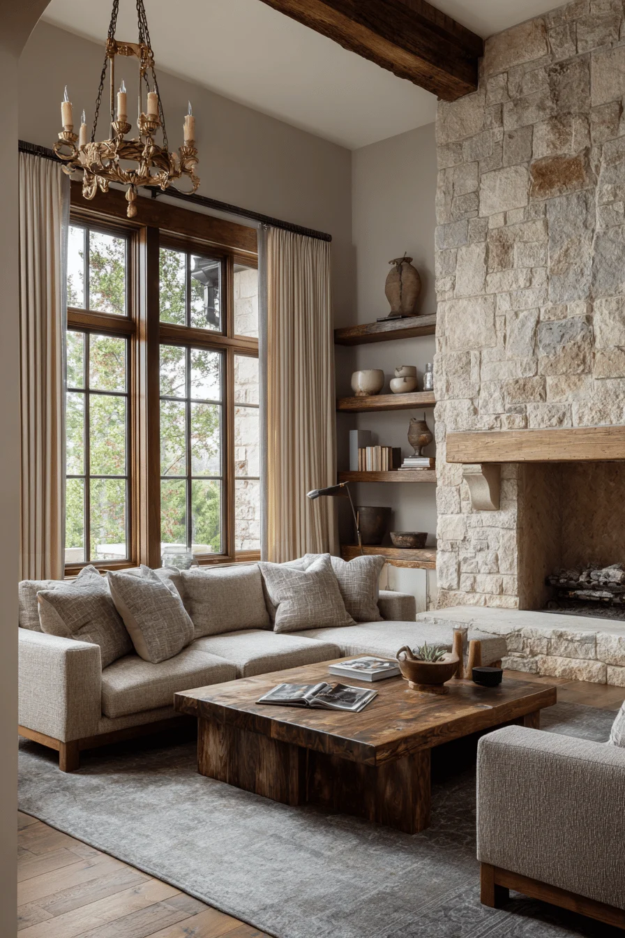 luxury living room with house design featuring mountain lodge living room warm taupe stone walls rich brown hardwood floors