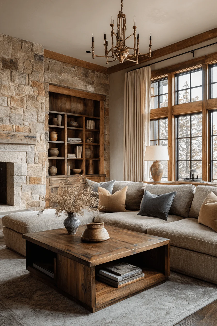 luxury living room with house design featuring mountain modern living room warm taupe stone walls rich brown hardwood floors