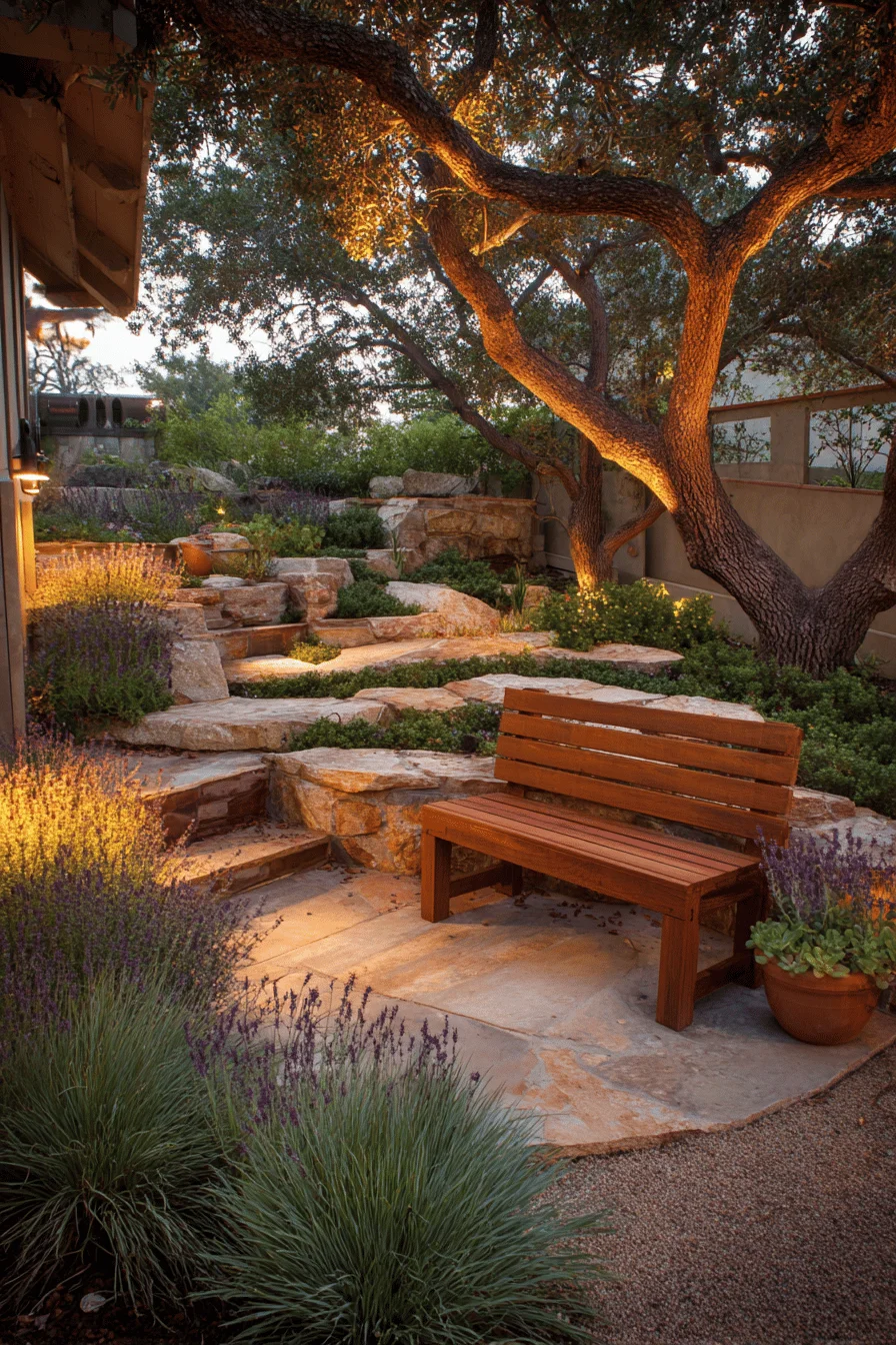 luxury ranch front garden ideas with garden cottage design featuring flagstone pathways and native landscaping