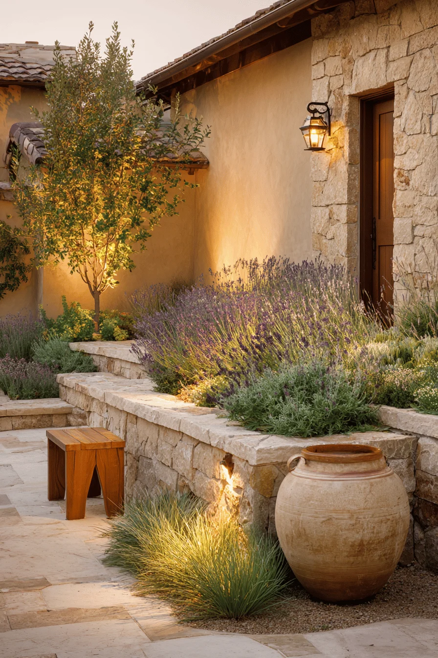 luxury ranch garden ideas with terrace garden design featuring raised planter beds and native landscaping in sage green