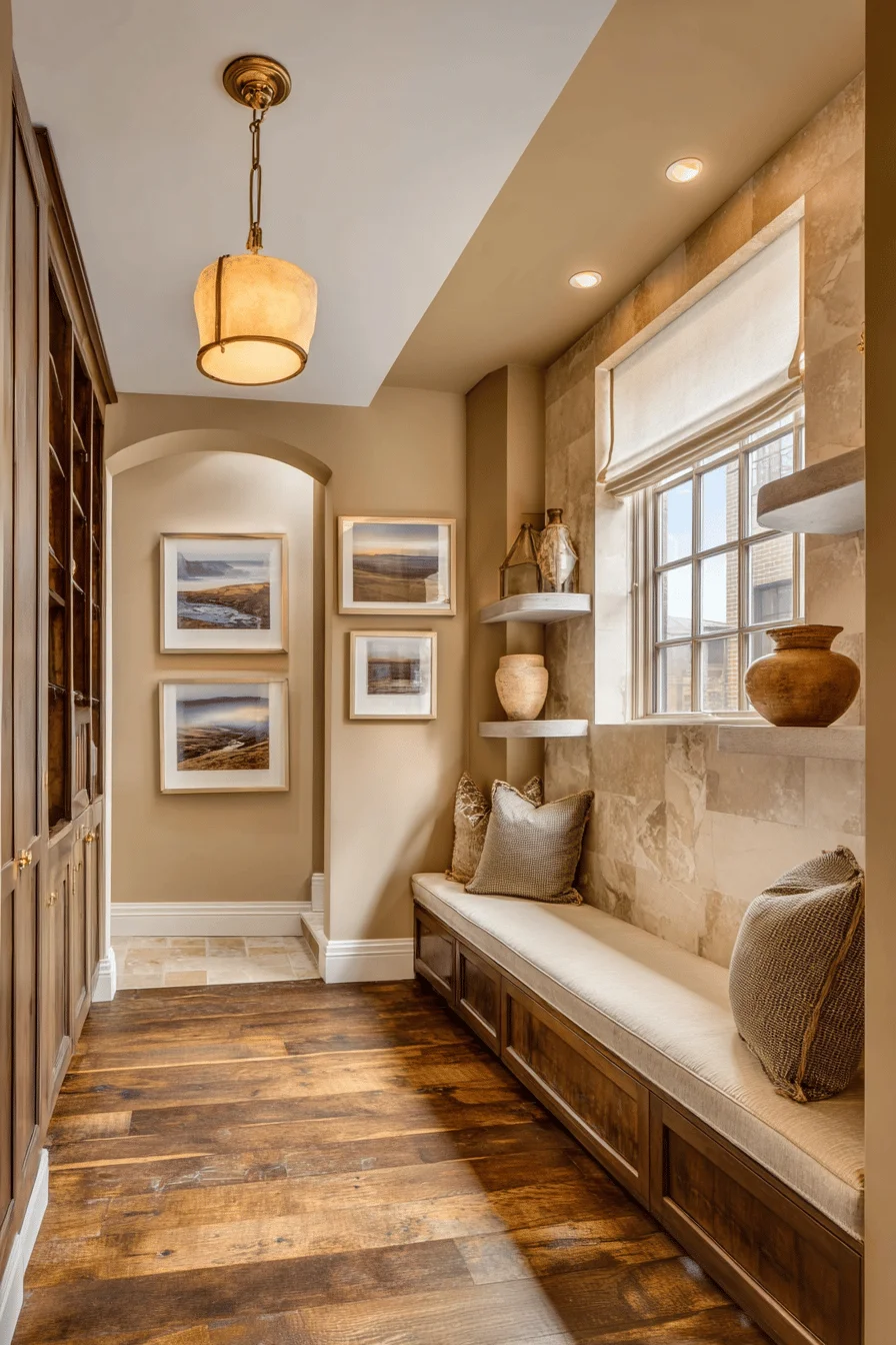 luxury ranch hallway ideas featuring interior design with warm taupe walls rich brown hardwood floors sage green built in storage bench