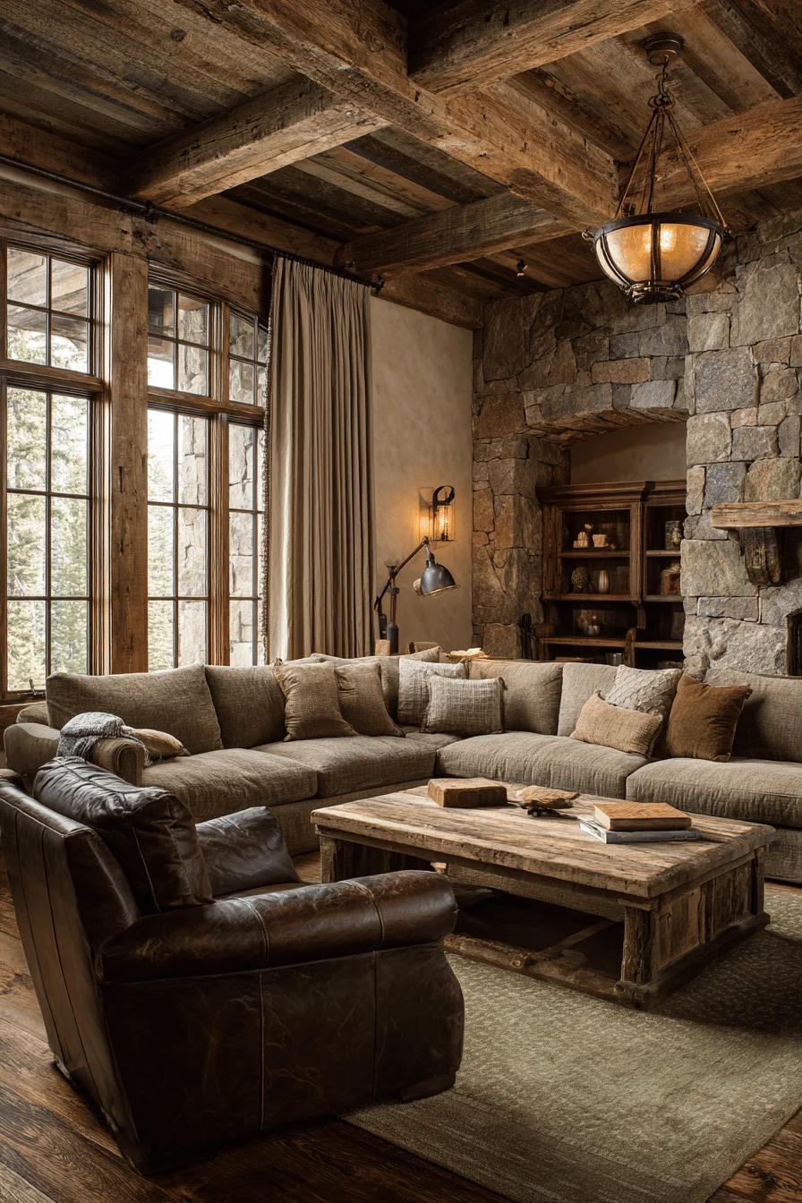 minimalist living room with cozy house design showing cozy mountain living room reclaimed timber beams antique brass chandelier