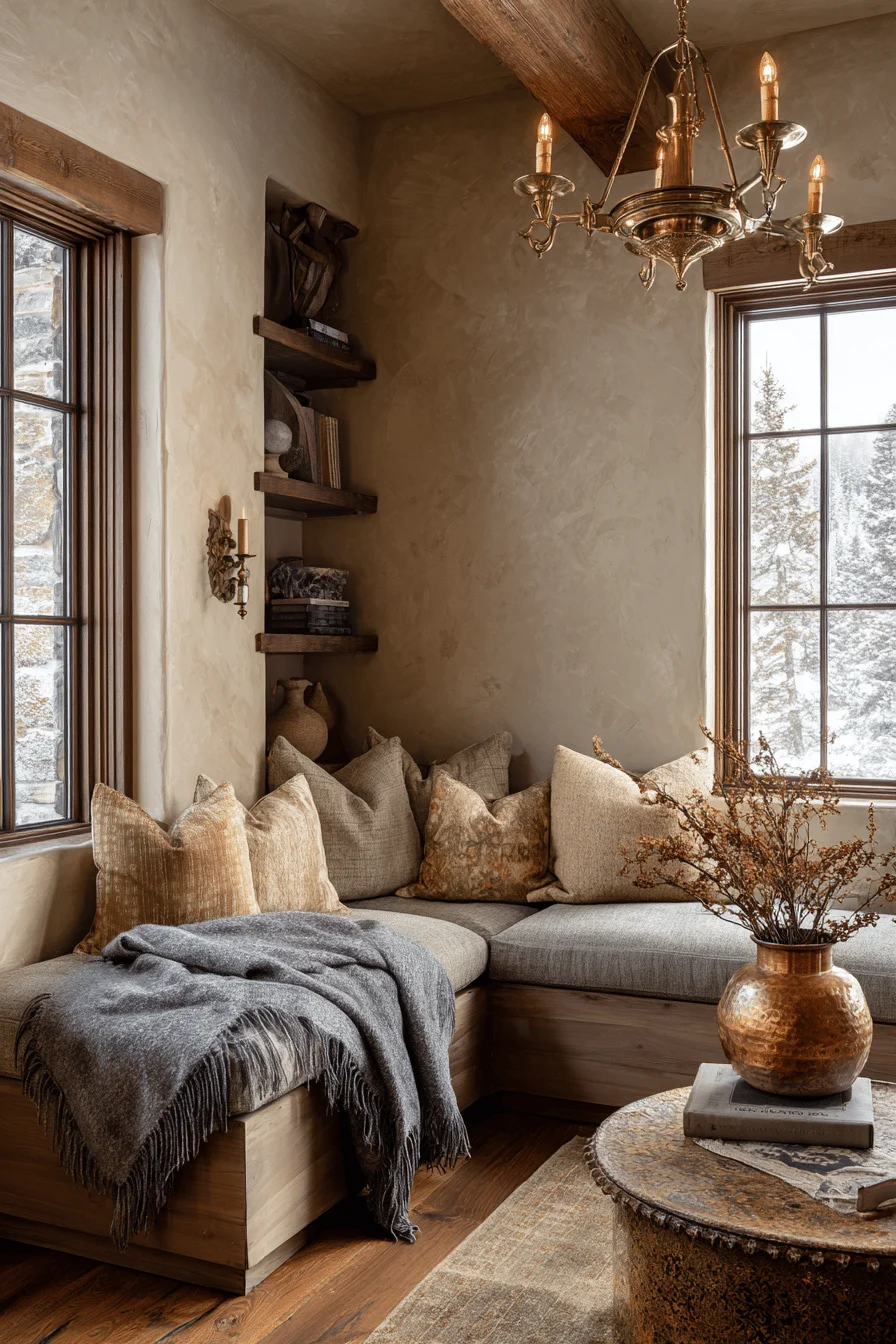 minimalist living room with cozy house design showing mountain cabin living room reclaimed timber beams antique brass chandelier