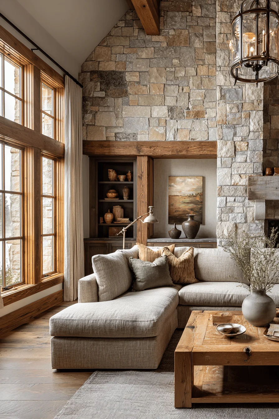 minimalist living room with cozy house design showing mountain decor living room reclaimed timber beams antique brass chandelier