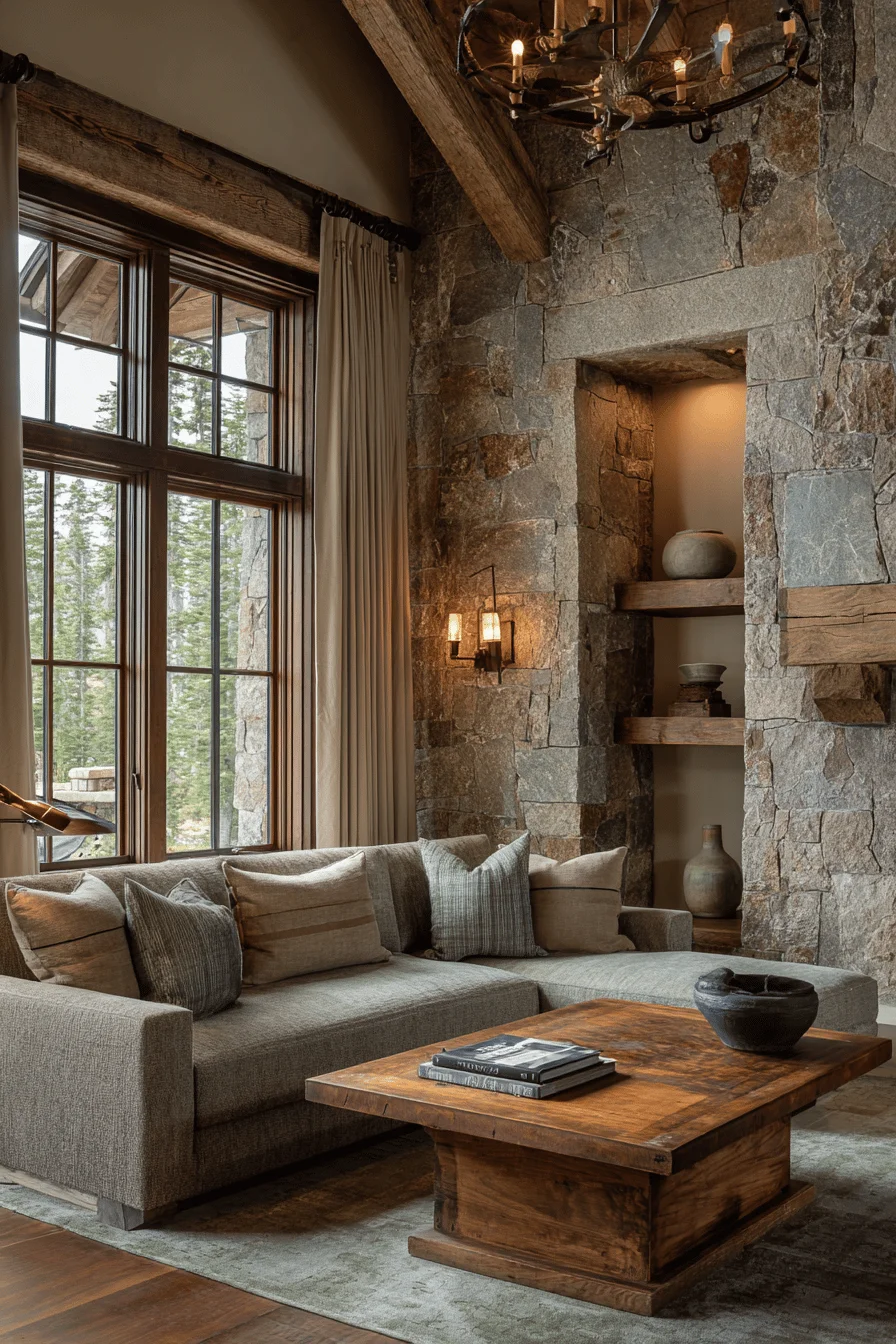 minimalist living room with cozy house design showing mountain home living room reclaimed timber beams antique brass chandelier