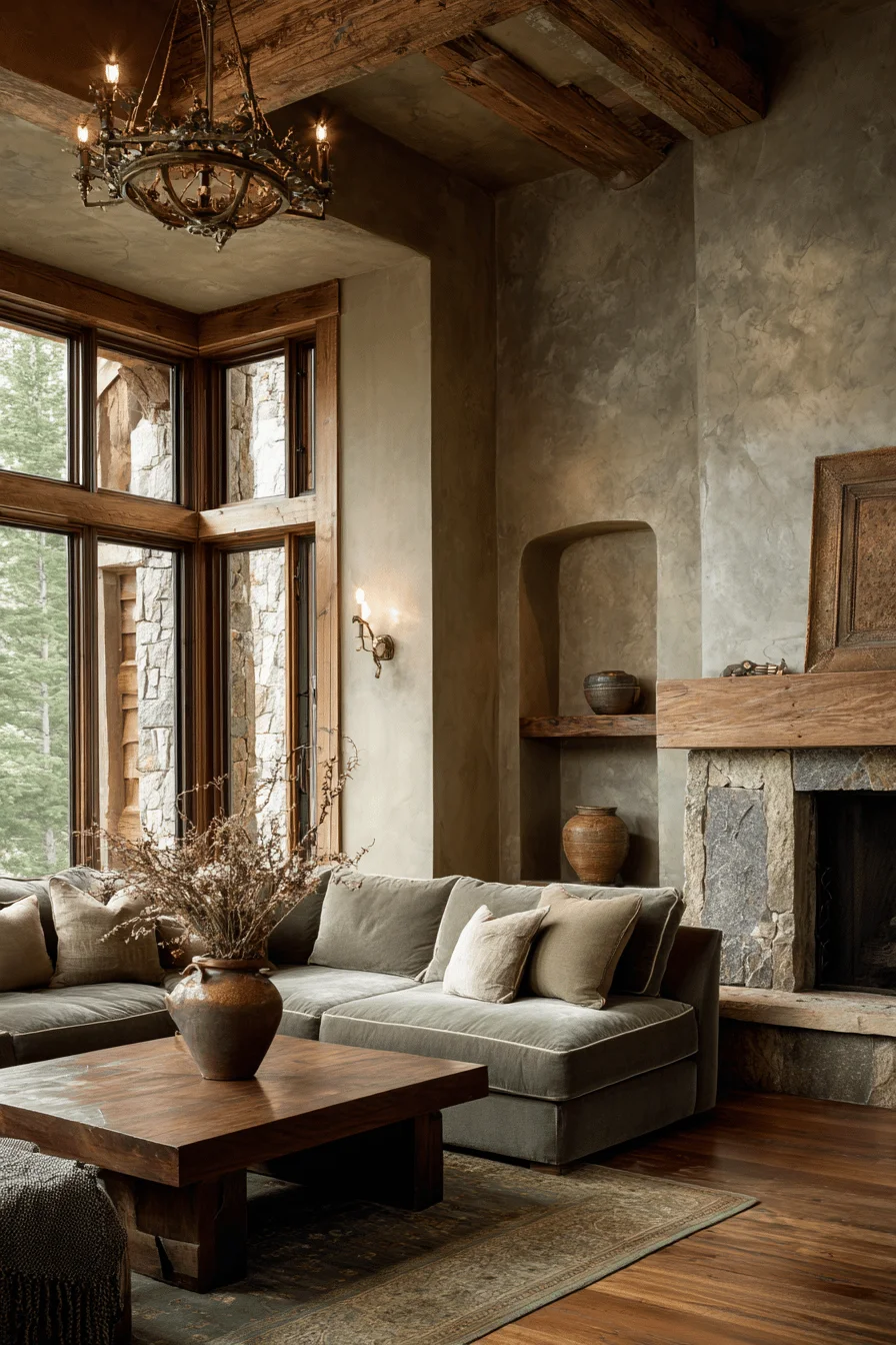 minimalist living room with cozy house design showing mountain house living room reclaimed timber beams antique brass chandelier