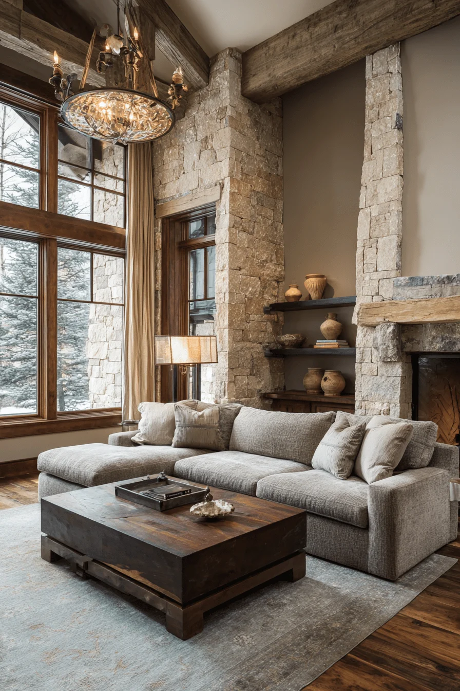 minimalist living room with cozy house design showing mountain living room decor reclaimed timber beams antique brass chandelier