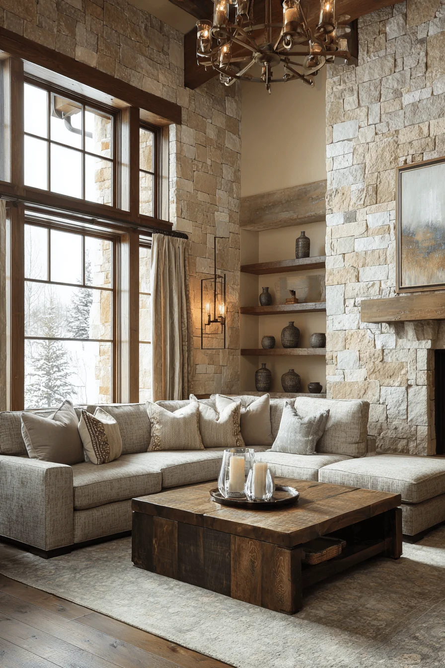 minimalist living room with cozy house design showing mountain lodge living room reclaimed timber beams antique brass chandelier