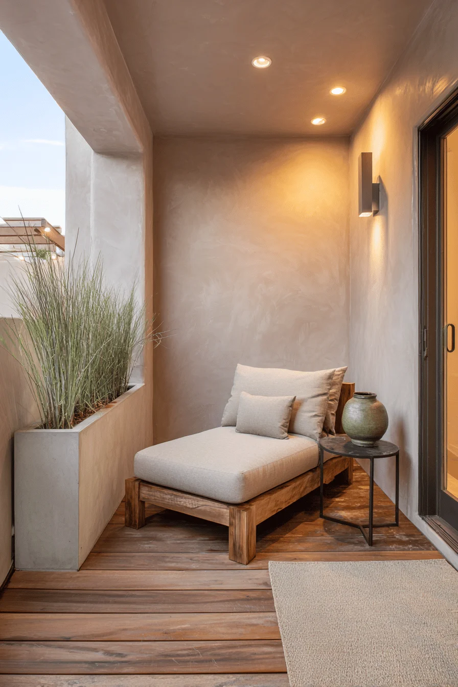 modern house design japandi balcony showcasing small balcony garden with balcony garden ideas and natural materials