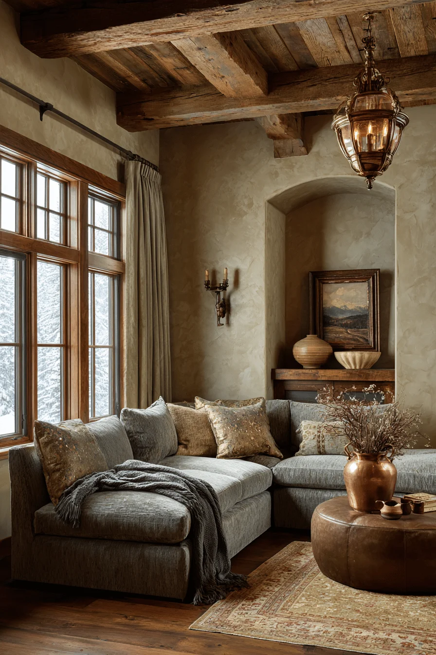modern living room with dream house interior featuring mountain cabin living room limestone fireplace carved wooden mantle sage pillows