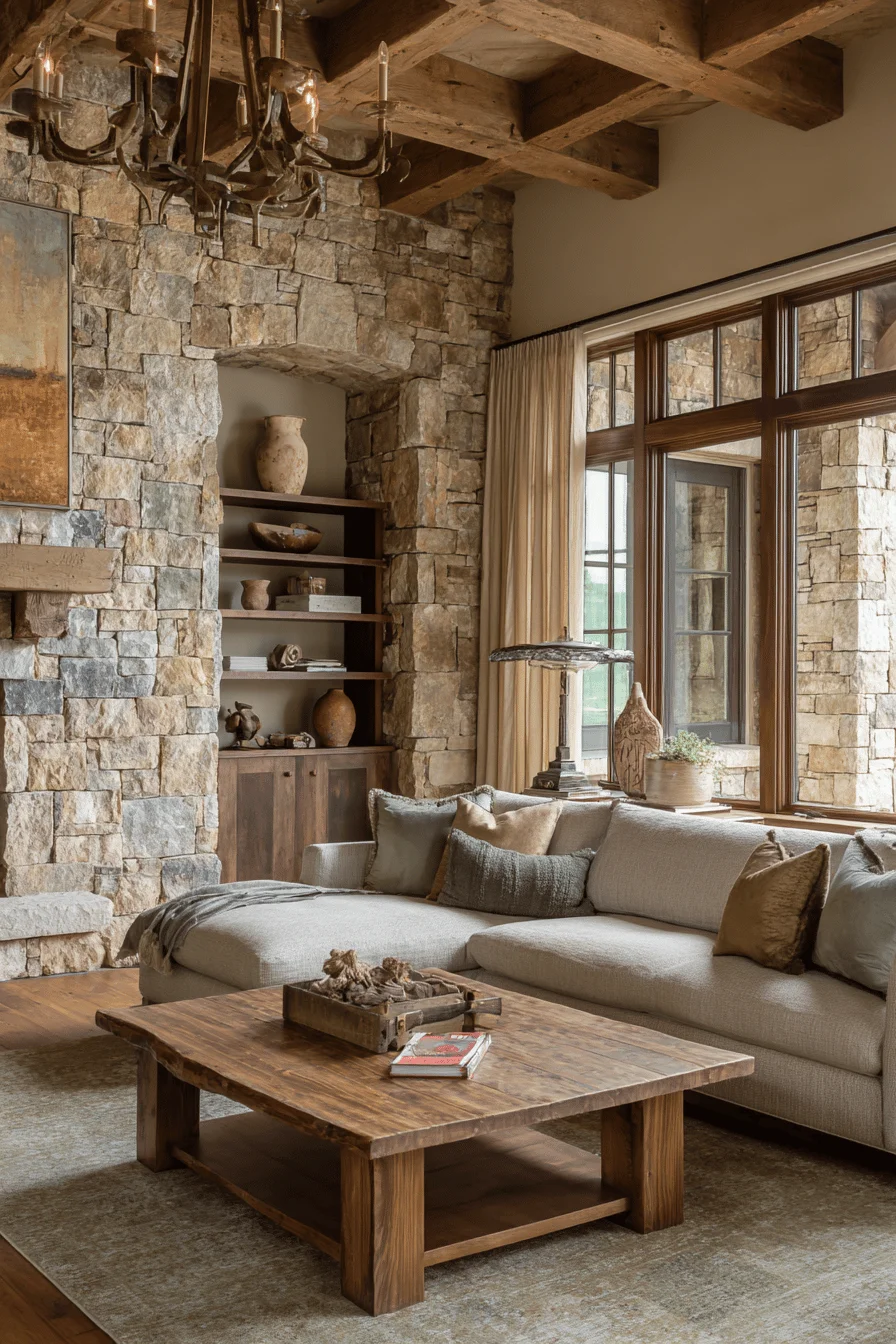 modern living room with dream house interior featuring mountain decor living room limestone fireplace carved wooden mantle sage pillows
