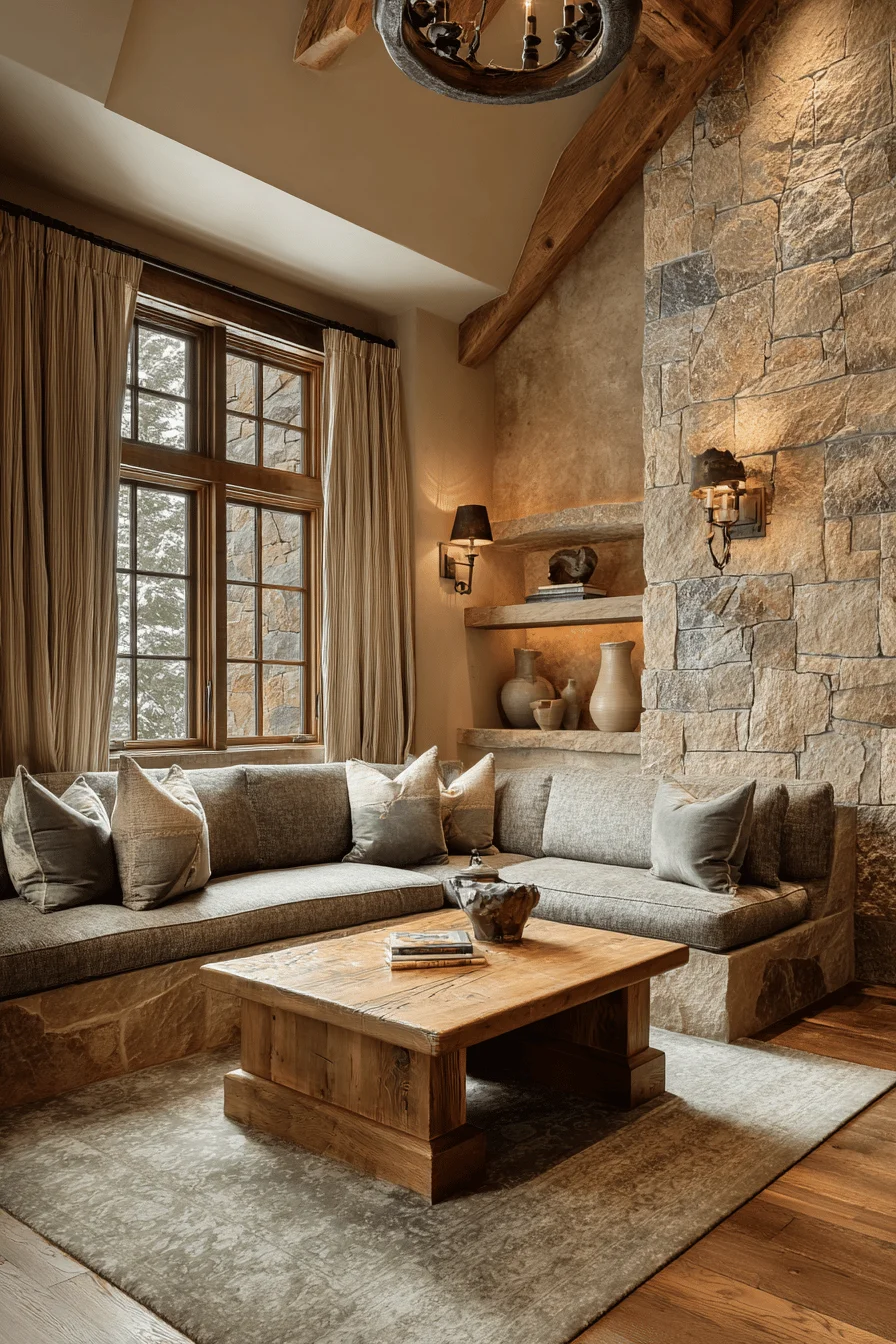 modern living room with dream house interior featuring mountain home living room limestone fireplace carved wooden mantle sage pillows