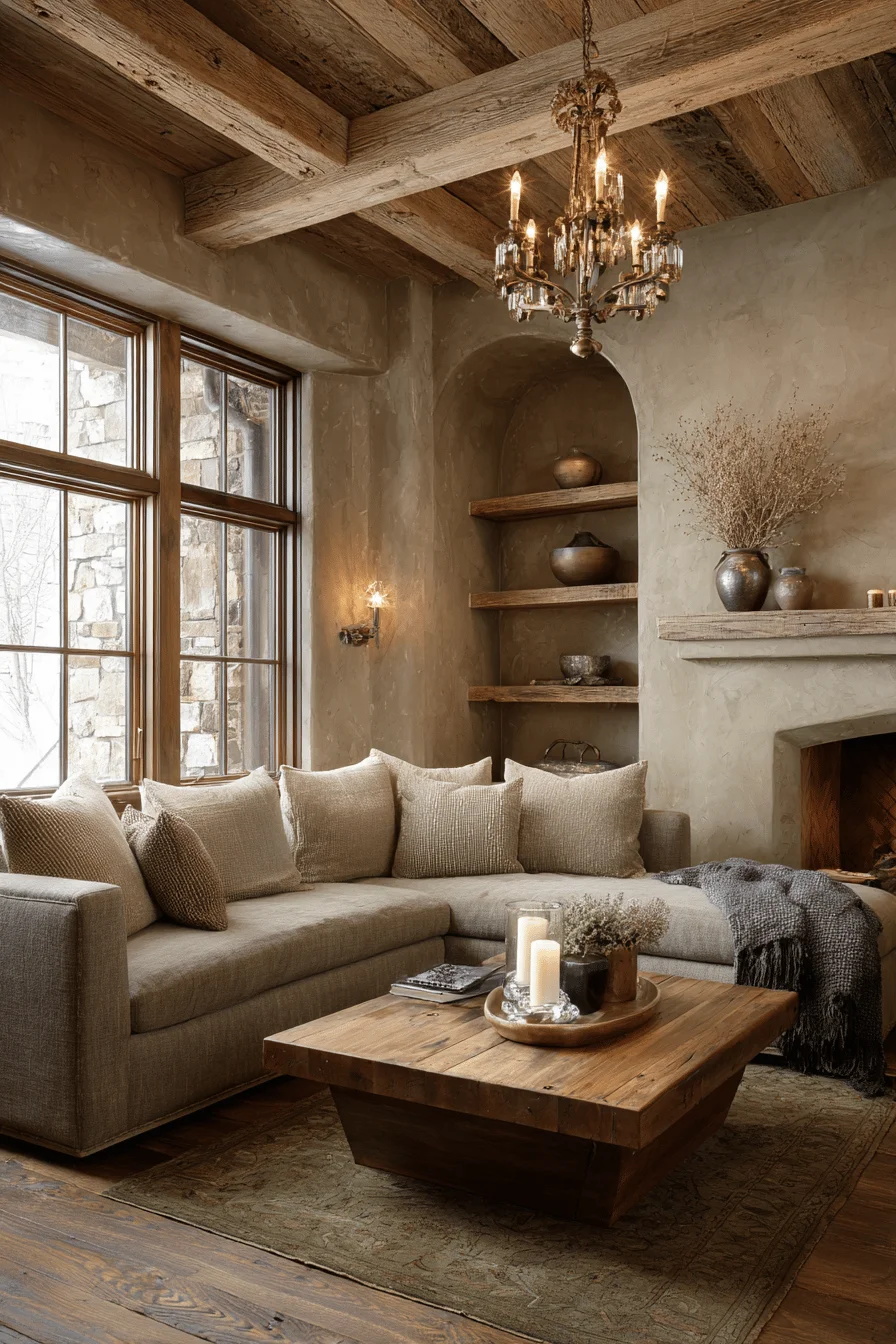 modern living room with dream house interior featuring mountain house living room limestone fireplace carved wooden mantle