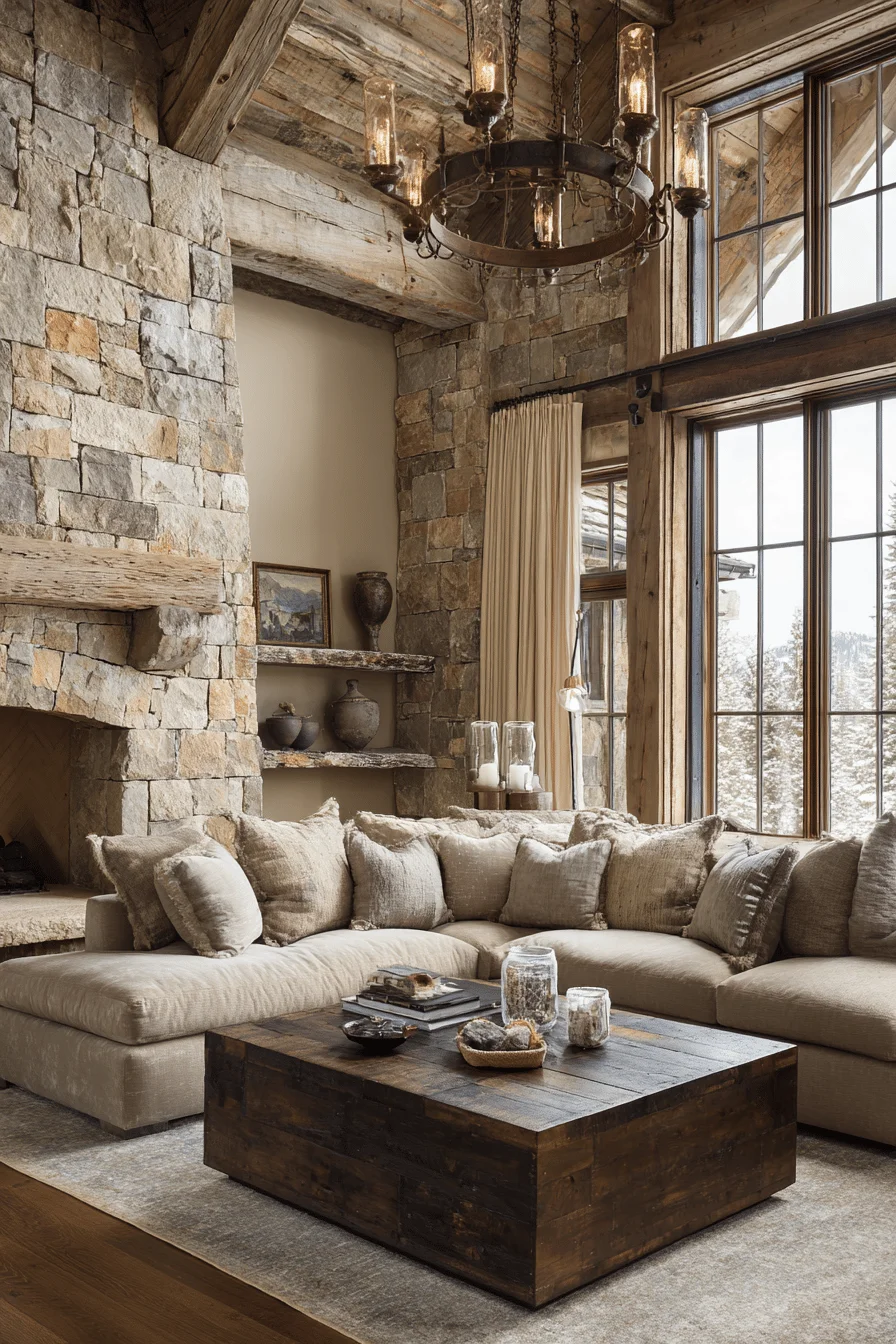 modern living room with dream house interior featuring mountain living room decor limestone fireplace carved wooden mantle sage pillows