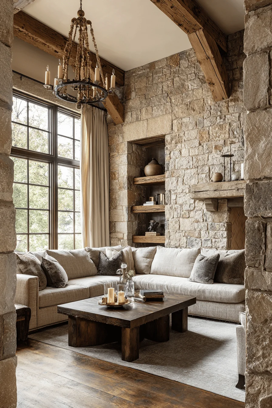 modern living room with dream house interior featuring mountain lodge living room limestone fireplace carved wooden mantle sage pillows