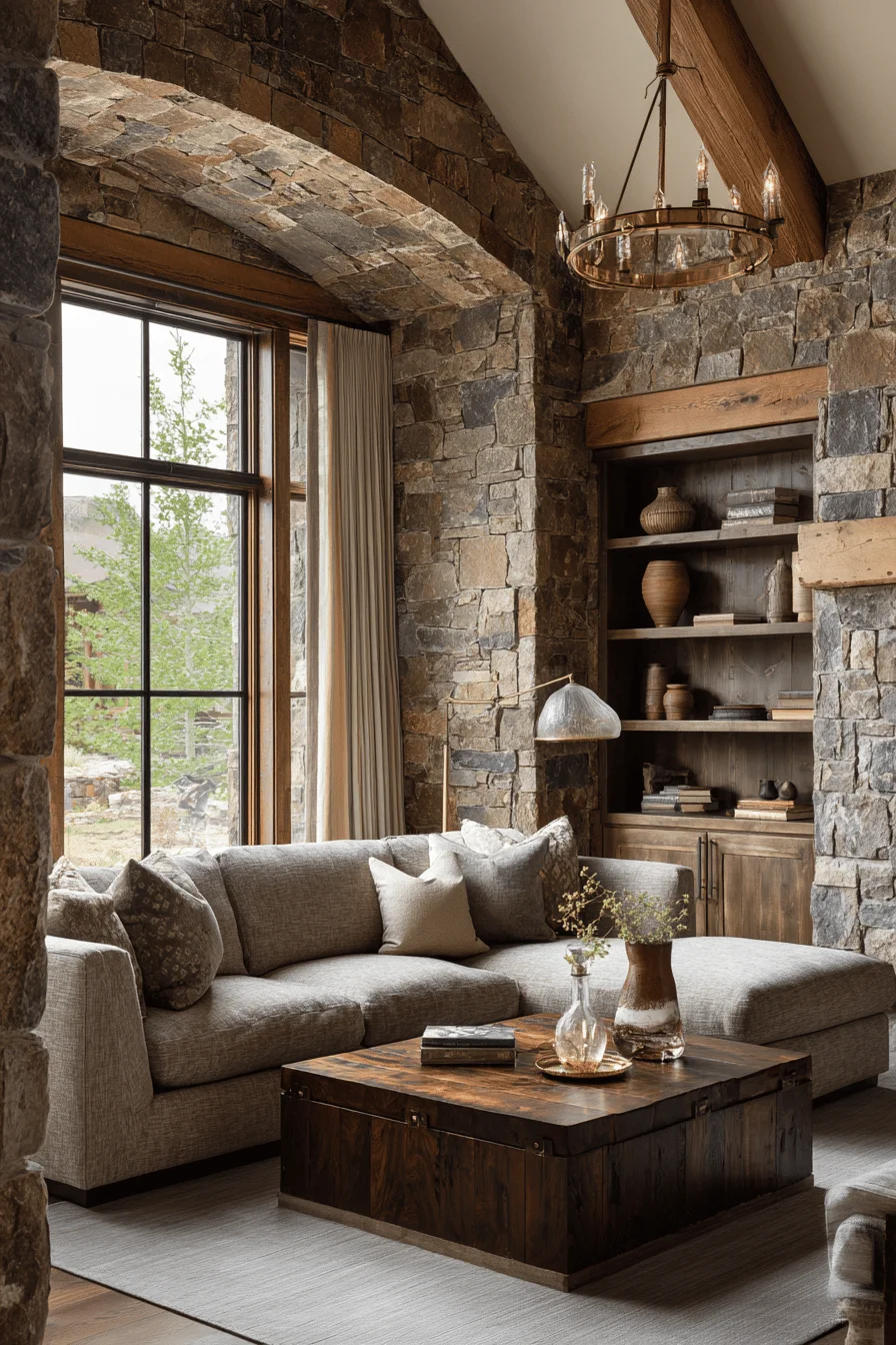 modern living room with dream house interior featuring mountain modern living room limestone fireplace carved wooden mantle sage pillows