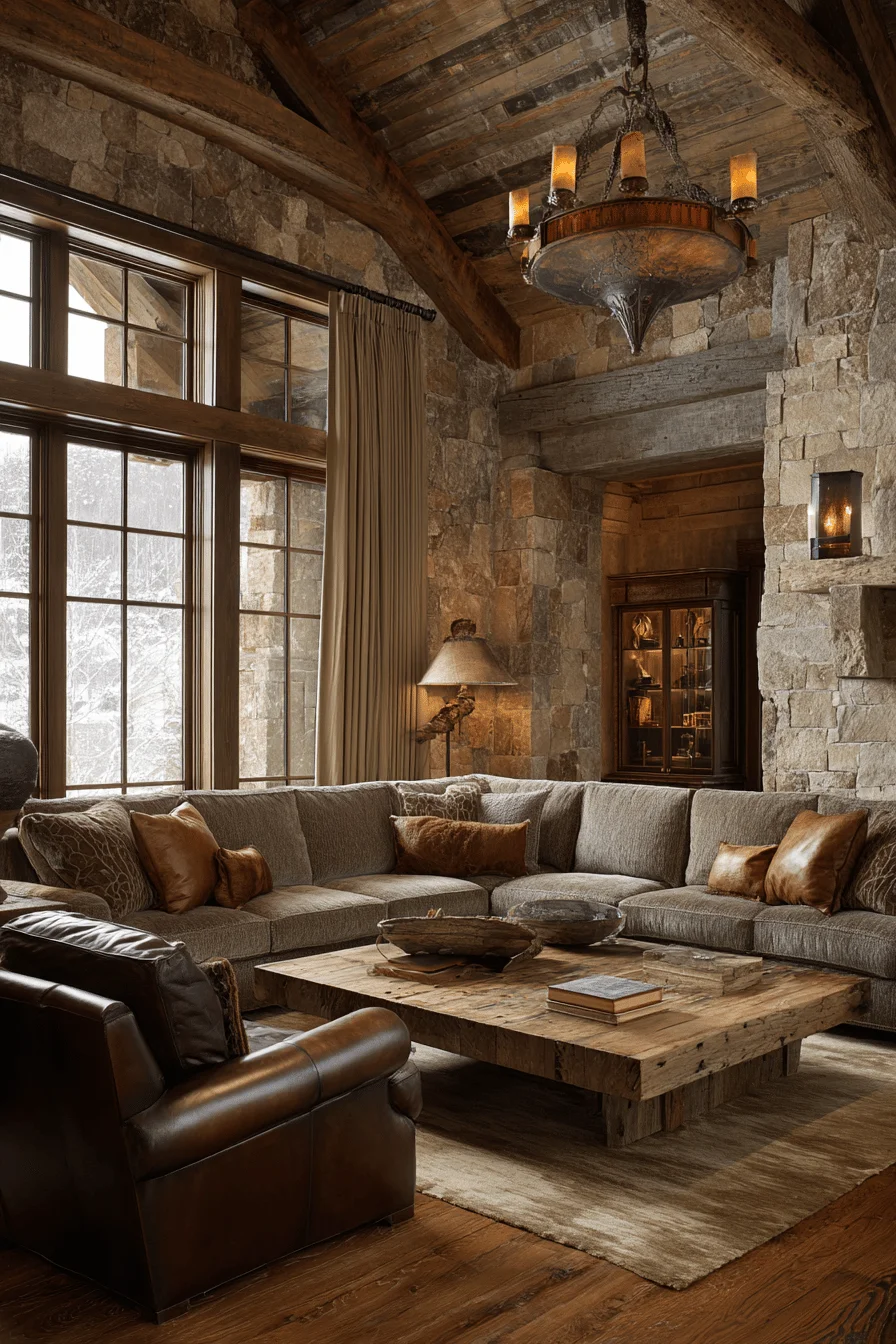 modern living room with modern house design featuring cozy mountain living room limestone fireplace carved wooden mantle
