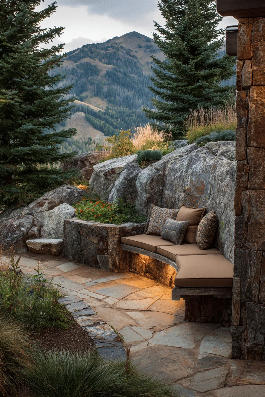mountain garden aesthetic featuring sophisticated garden design with terraced stone walls and alpine plantings