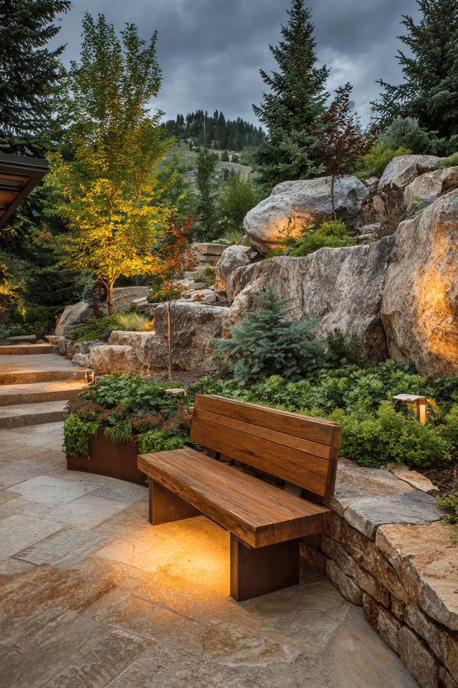 mountain garden design featuring professional landscape lighting with alpine sanctuary and productive garden elements