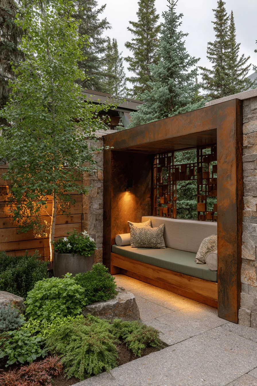 mountain garden design featuring weathered teak seating elements with modern garden alpine sanctuary and natural stone terracing
