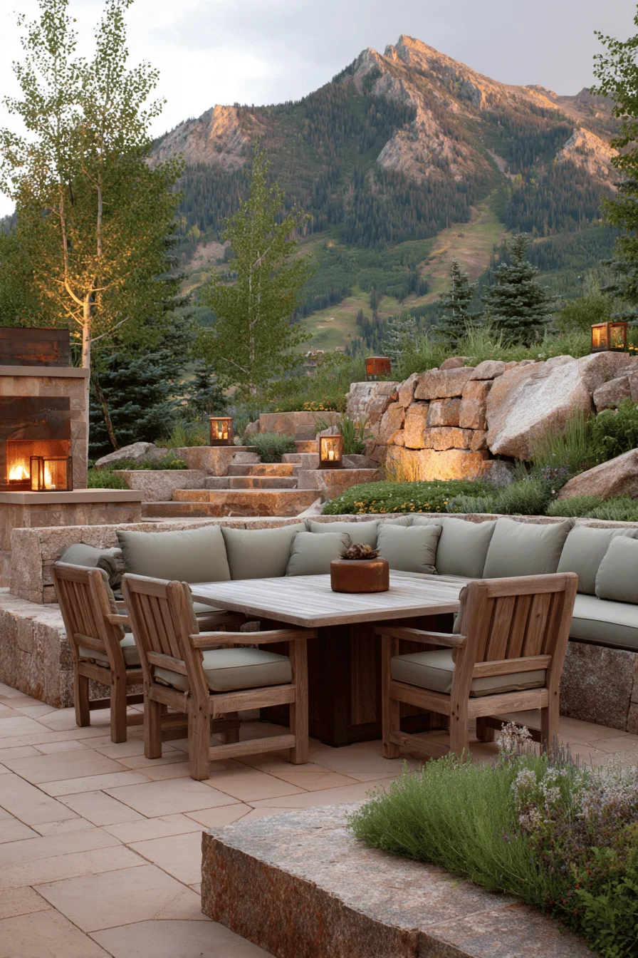 mountain garden inspiration featuring alpine sanctuary with weathered teak seating and vertical garden elements