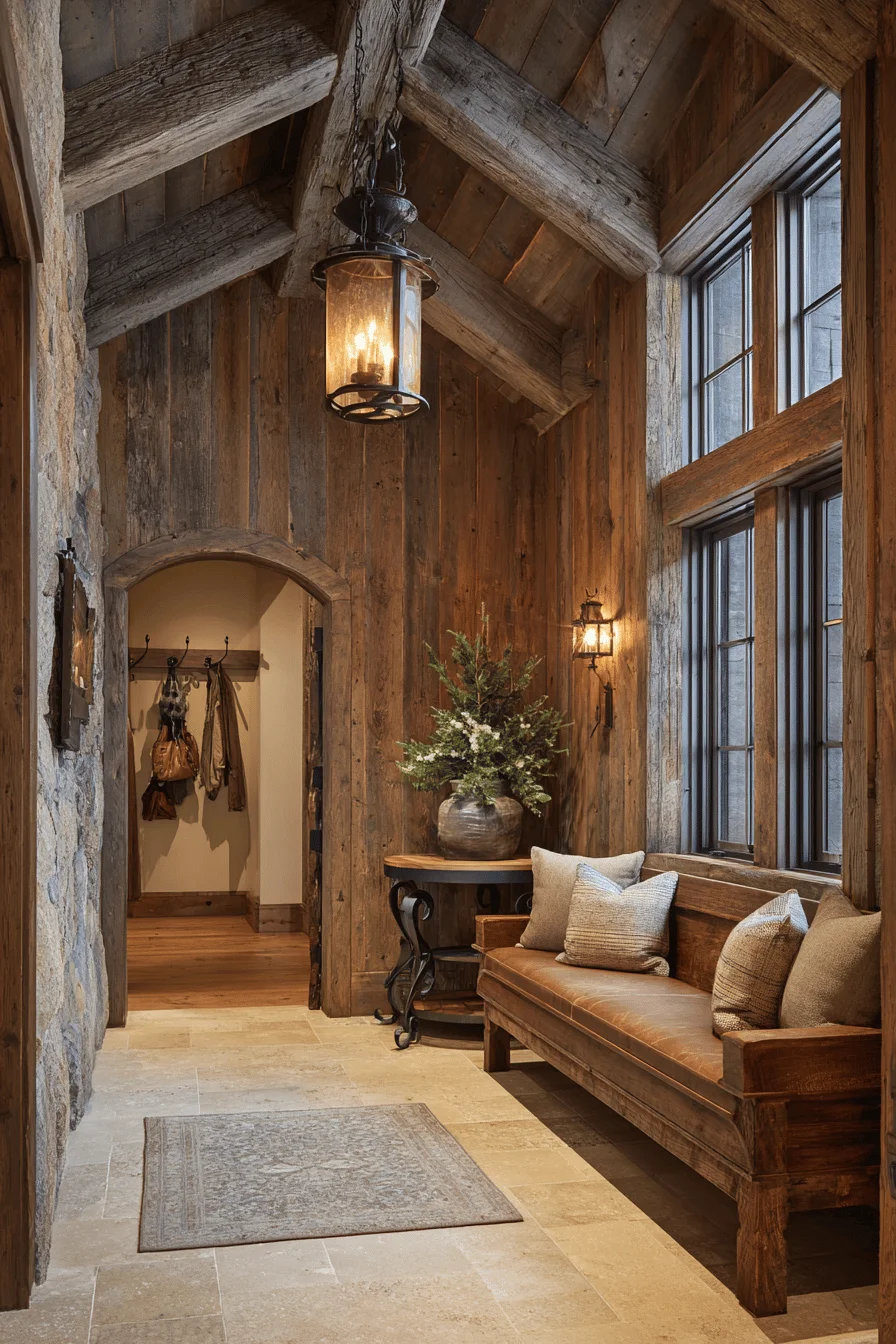 mountain hallway decor with home interior design featuring reclaimed barn wood paneling and hallway ideas
