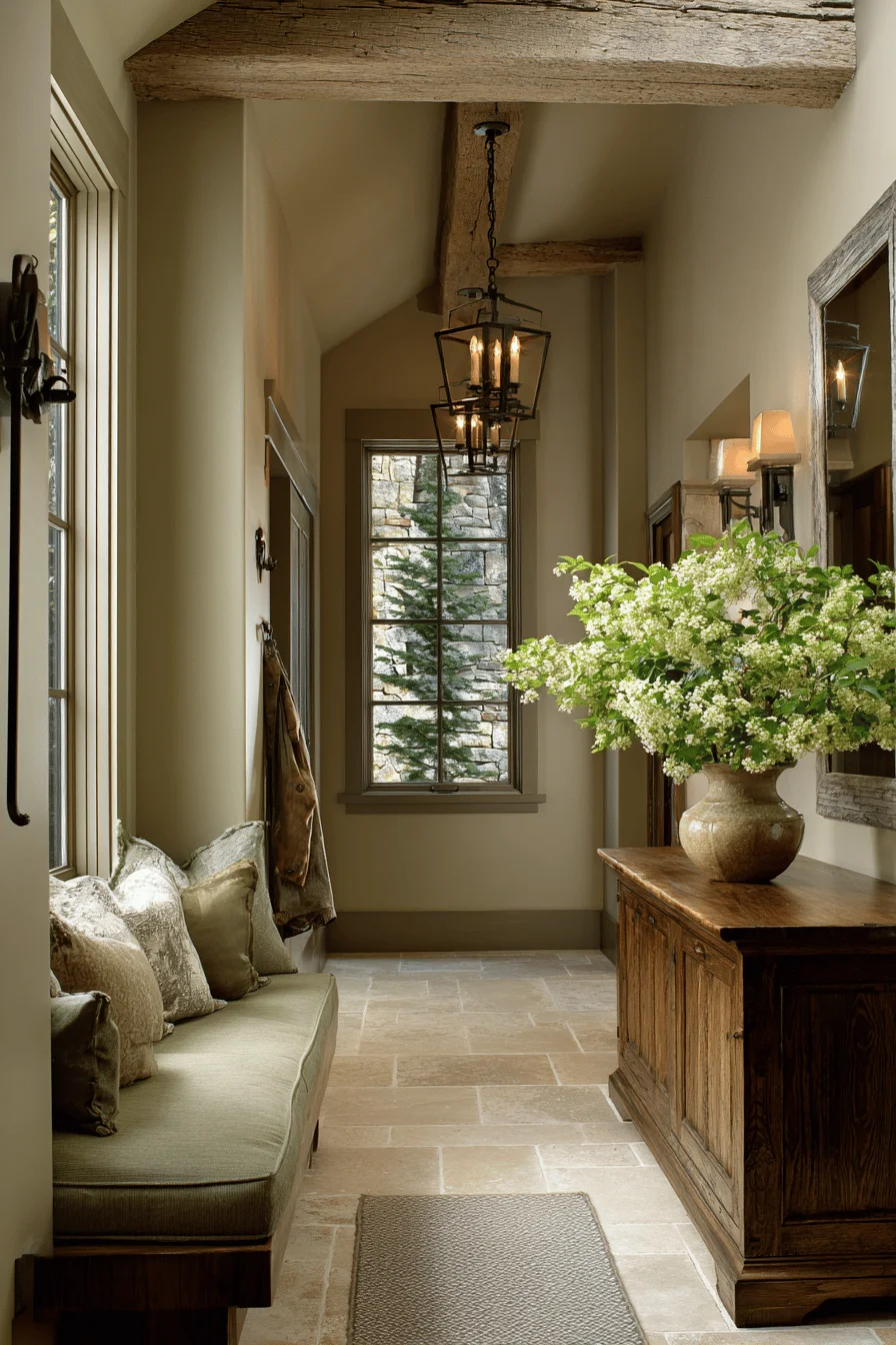 mountain hallway decor with house inspo featuring wrought iron chandelier and hallway decor elements
