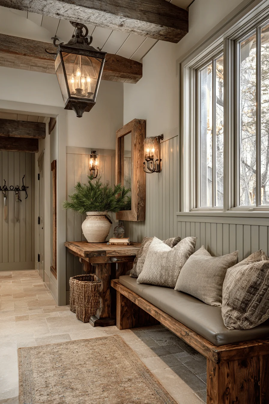 mountain hallway design with aesthetic room decor featuring brass lantern fixture and small hallway ideas