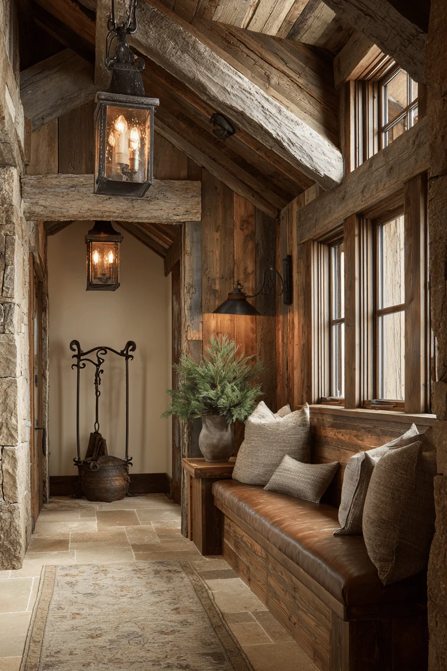 mountain hallway design with dream house decor featuring brass lantern fixture and hallway ideas