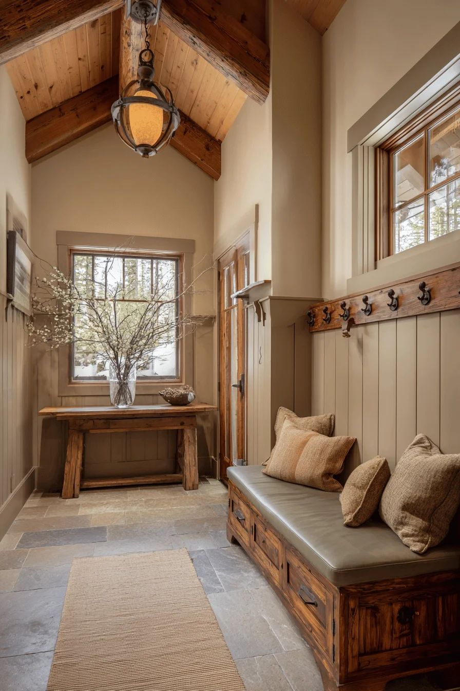 mountain hallway ideas with interior design featuring knotty pine wainscoting and hallway wall decor in warm taupe finish