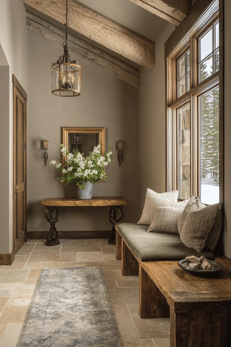 mountain hallway with house aesthetic featuring oak console table and hallway decor elements