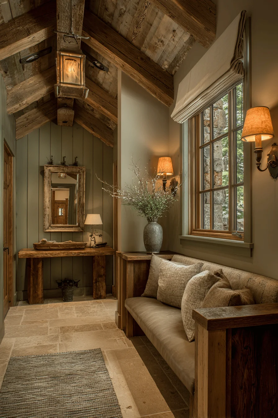 mountain hallway with modern house featuring limestone flooring and hallway decorating