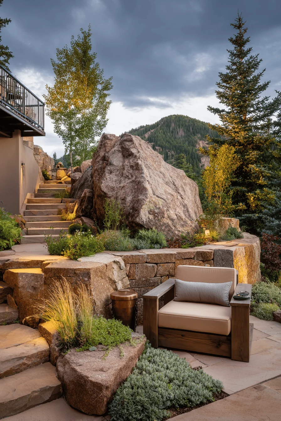 mountain home garden design featuring sophisticated alpine terracing with natural stone and herb collection areas